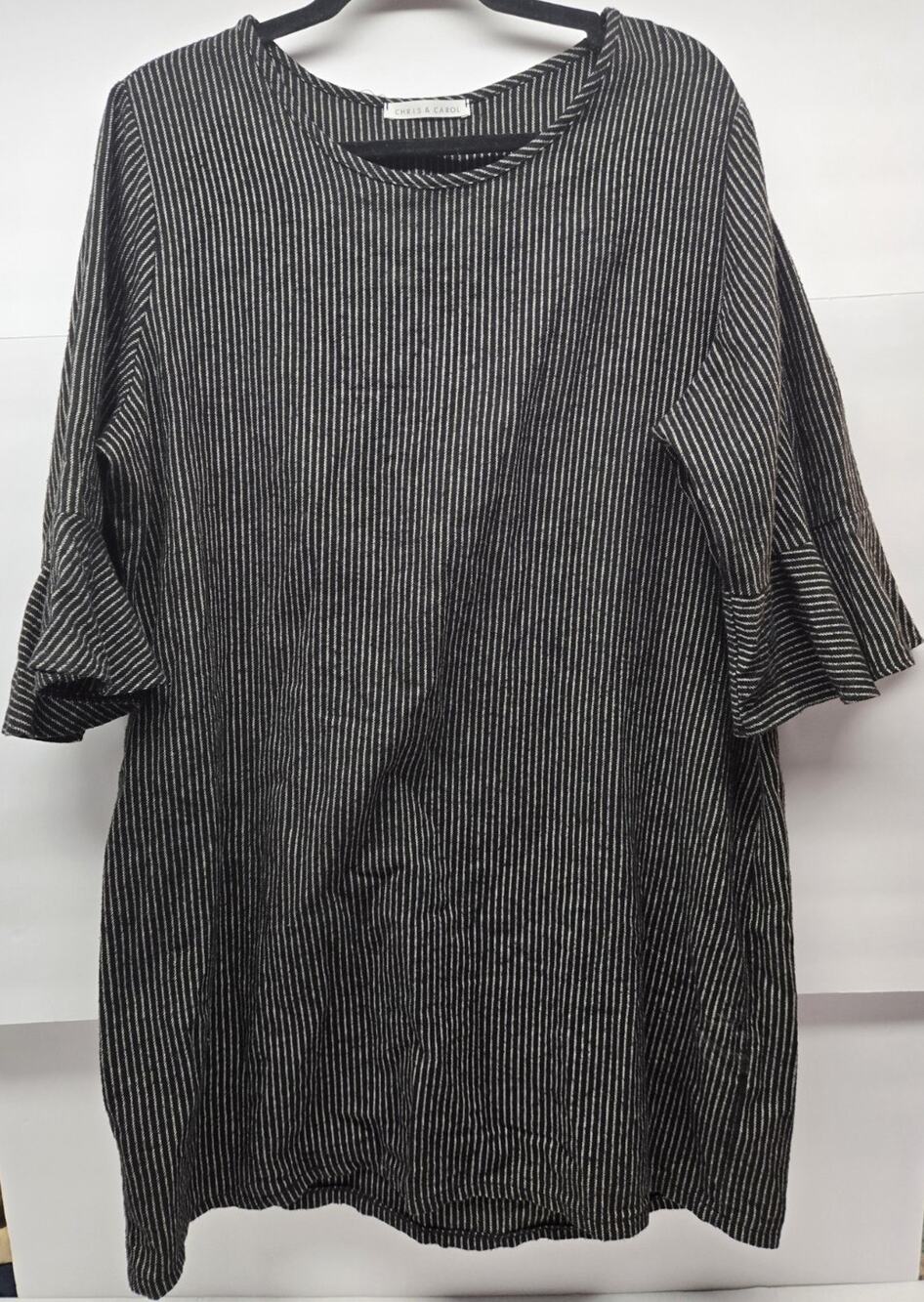 Chris & Carol Black White Striped Cotton Shift Dress Ruffle Sleeve Size L